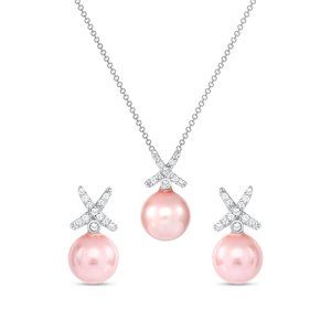 Silver 925 Pink Pearl with X Shape Cubic Zirconia Set